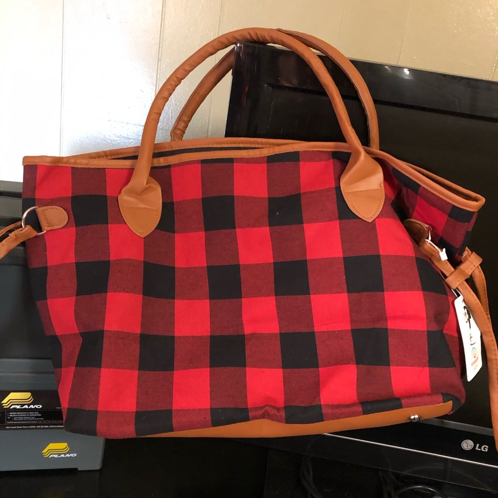 Red and black plaid tote